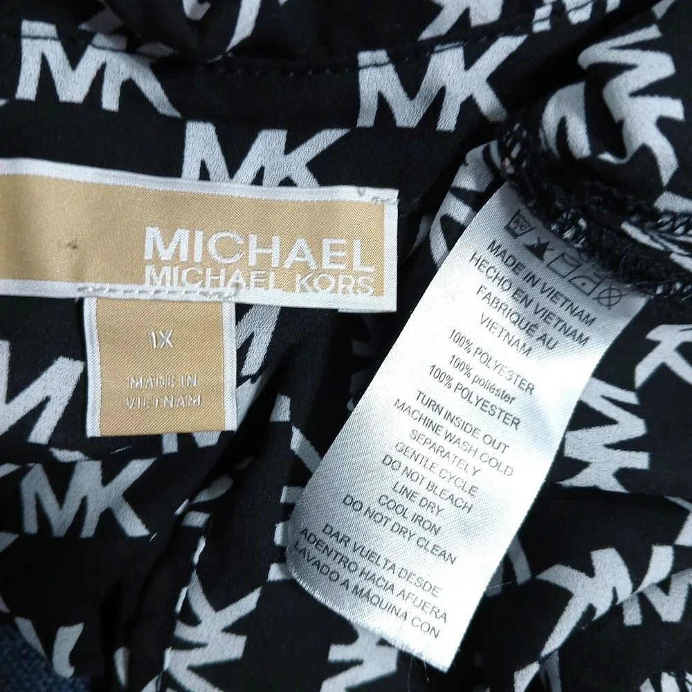 Michael Kors MK Logo Women Top 1X Black White Monogram Roll Tab Sleeve Designer